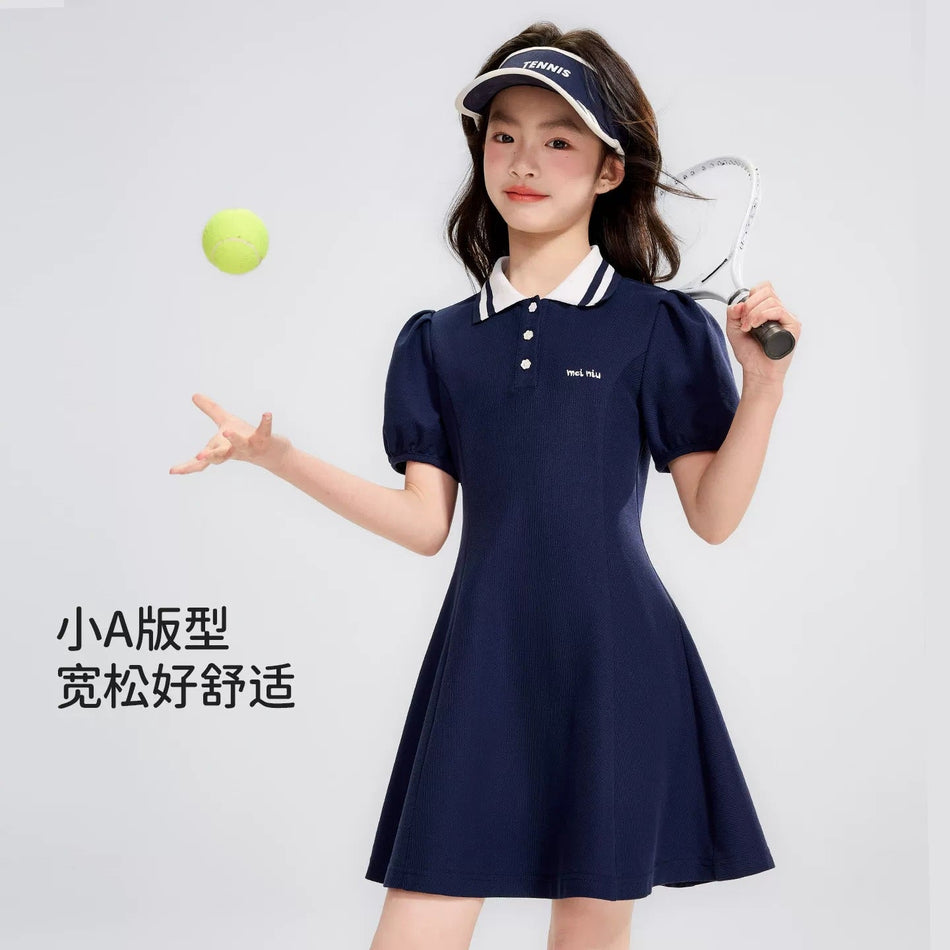 Girls Polo Collar Princess Dress Casual Summer Short Sleeve