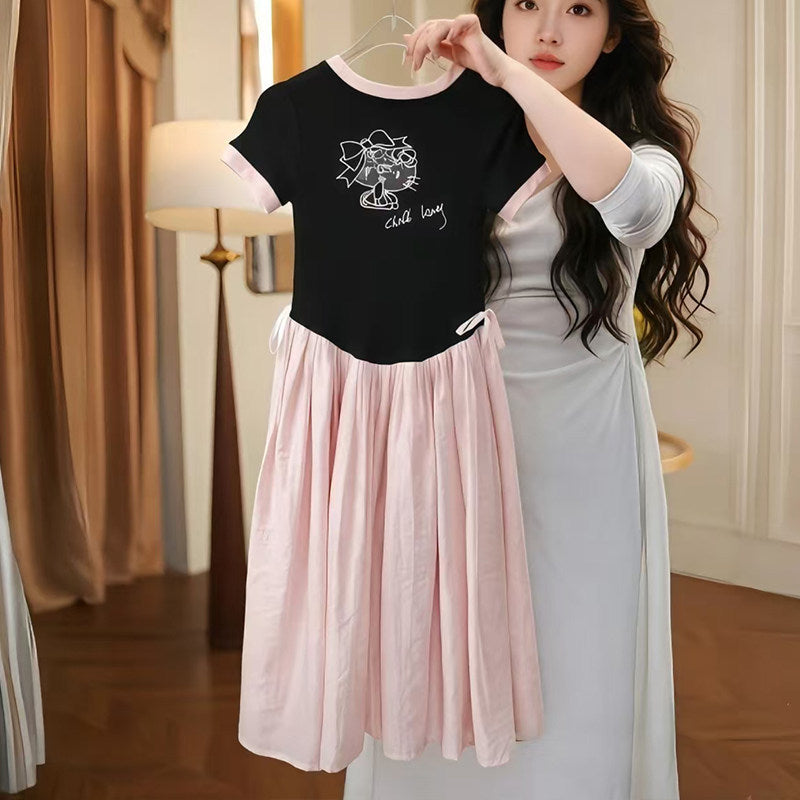 Girls Cartoon Print Color Block Dress Stylish Summer Dress