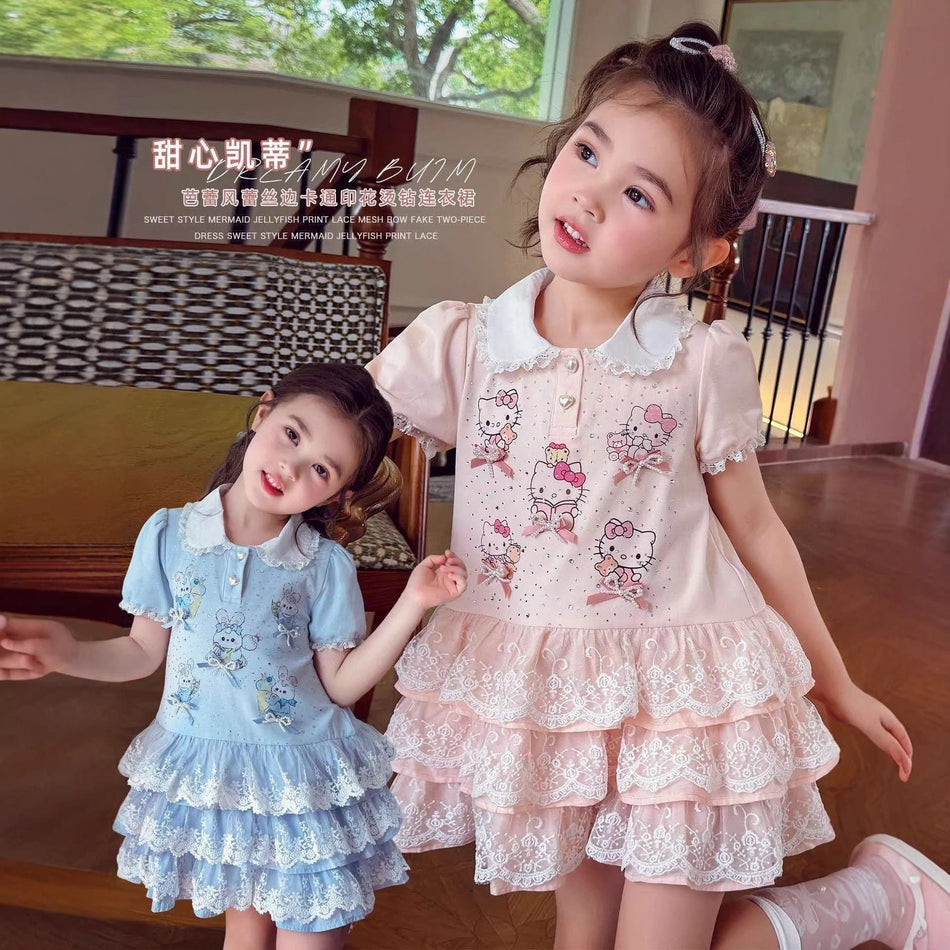 Girls Lace Patchwork Lapel Dress Set Korean Style Summer Outfit