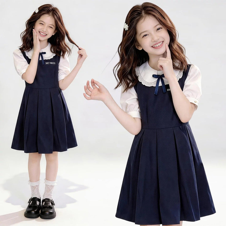 Girls Navy Bow Lace Doll Collar Princess Dress Summer Outfit