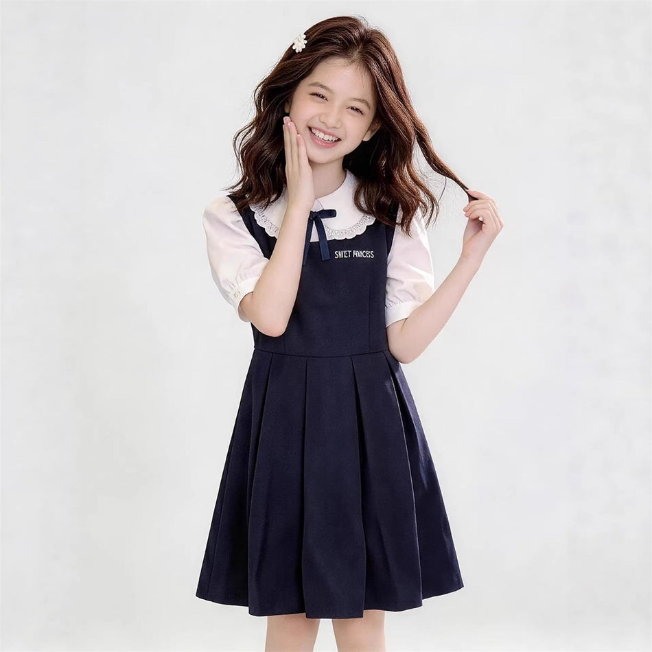 Girls Navy Bow Lace Doll Collar Princess Dress Summer Outfit