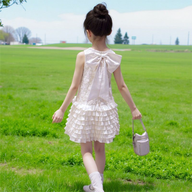 Girls White Layered Bow Vest Princess Dress Summer Outfit