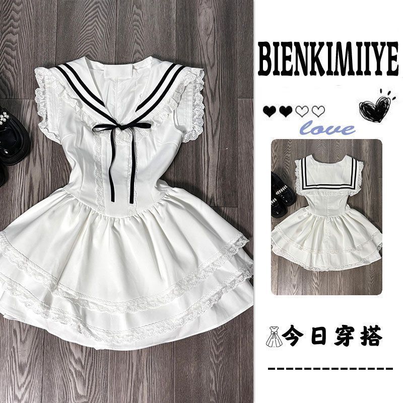 Girls Navy Collar White Princess Dress Korean Style Summer Outfit