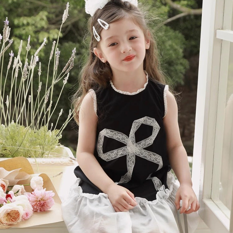 Girls Sleeveless Mesh Bow Vest Dress Korean Style A-Line Dress