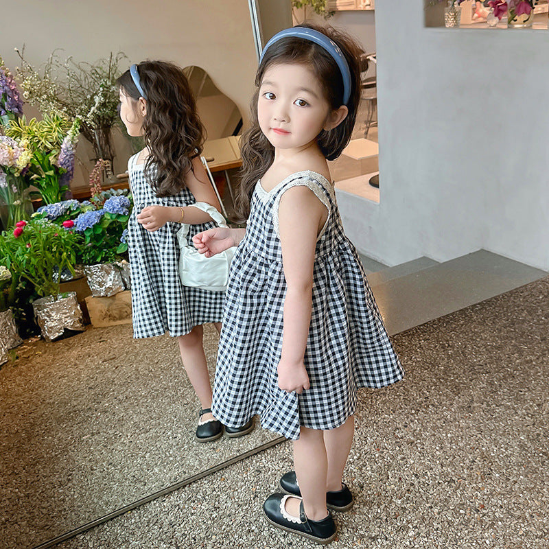 Girls Lace Square Neck Plaid Camisole Dress Summer A-Line Dress
