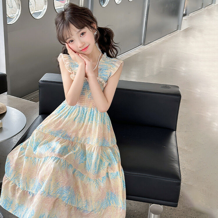 Girls Square Neck Flutter Sleeve Princess Beach Dress Summer