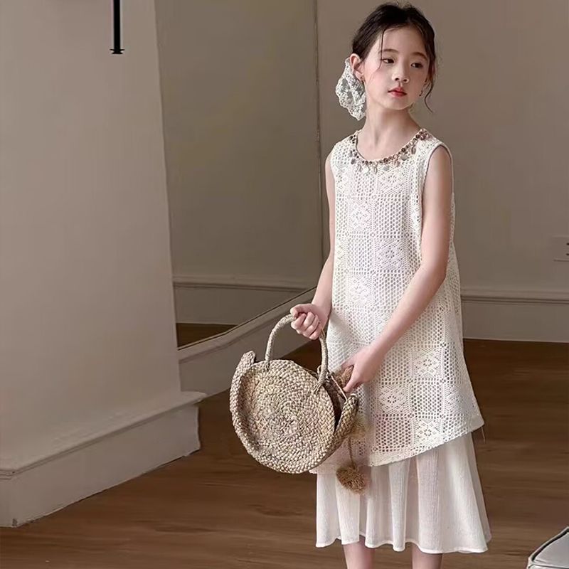 Girls Lace Spliced Tank Dress Korean Style Bohemian Summer Dress