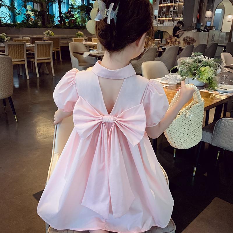 Girls Bow Puff Sleeve A-Line Dress Korean Style Summer Dress