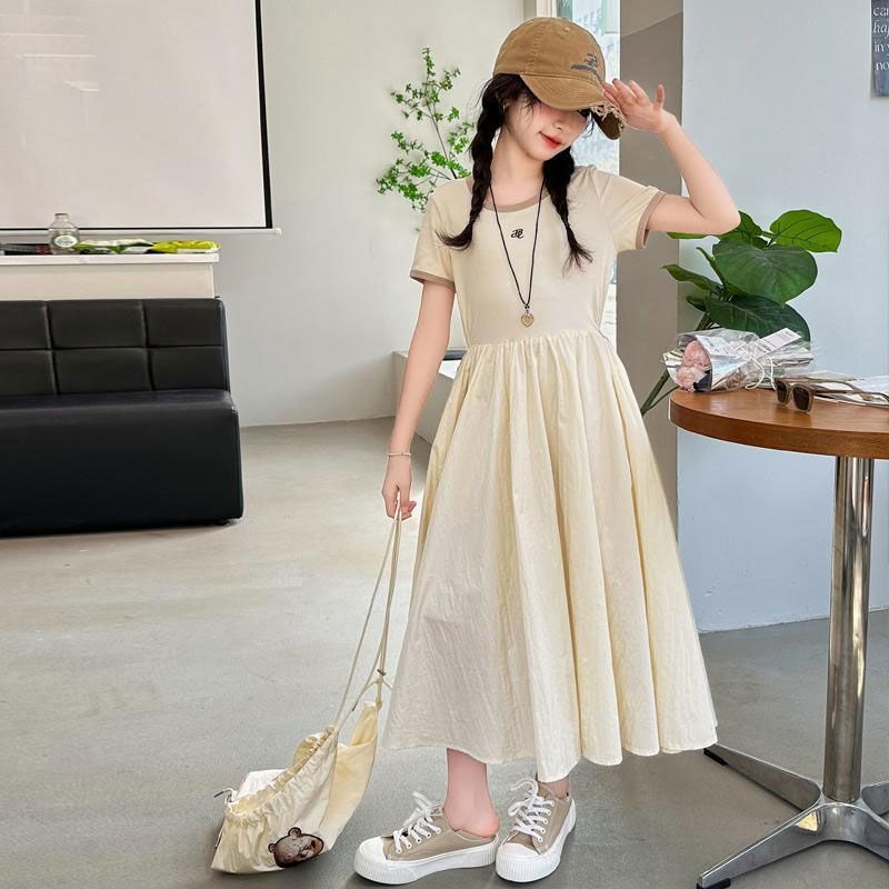 Girls Beige A-Line Princess Dress Korean Style Summer Outfit