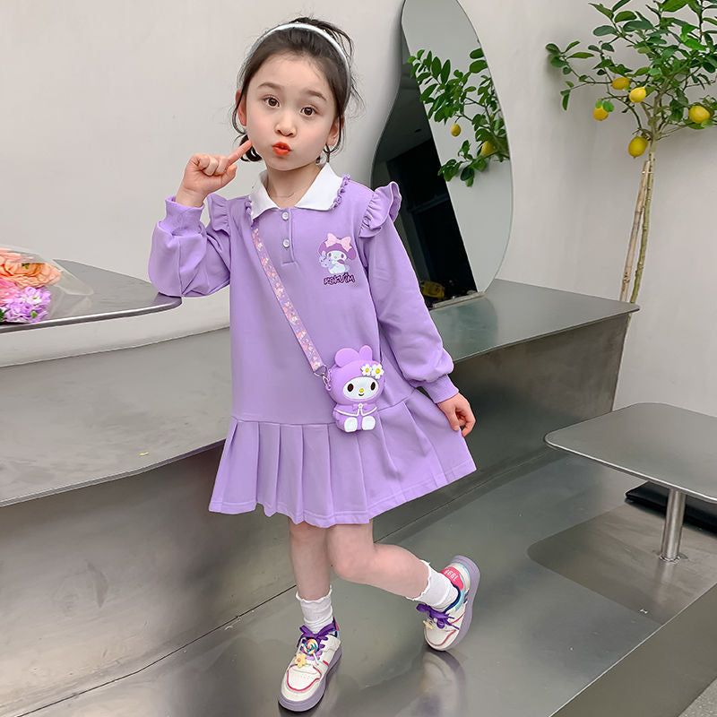 Girls Polo Collar Cartoon A-Line Dress Korean Style Long Sleeve