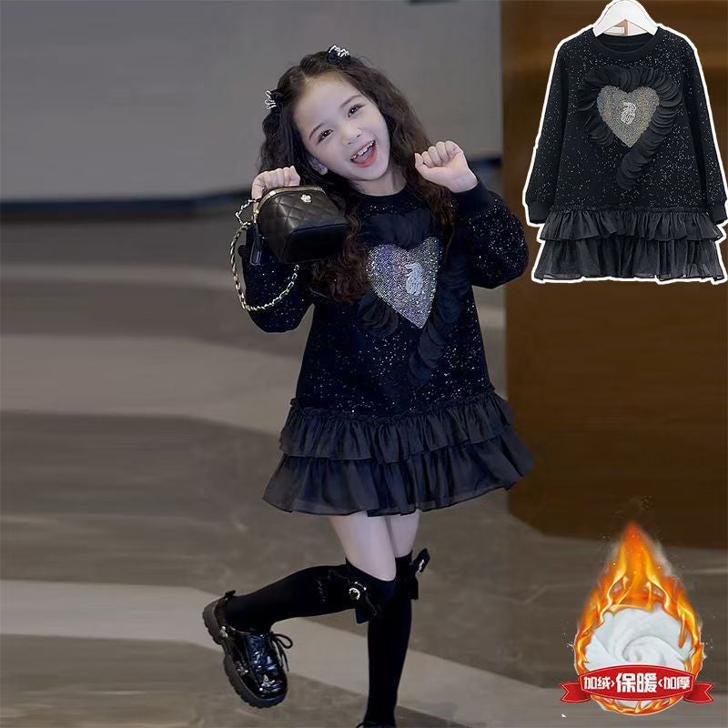 Girls Hot Drilling Stitching A-Line Dress Korean Style Long
