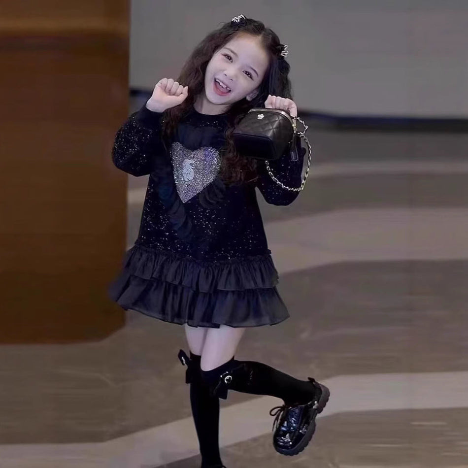 Girls Hot Drilling Stitching A-Line Dress Korean Style Long
