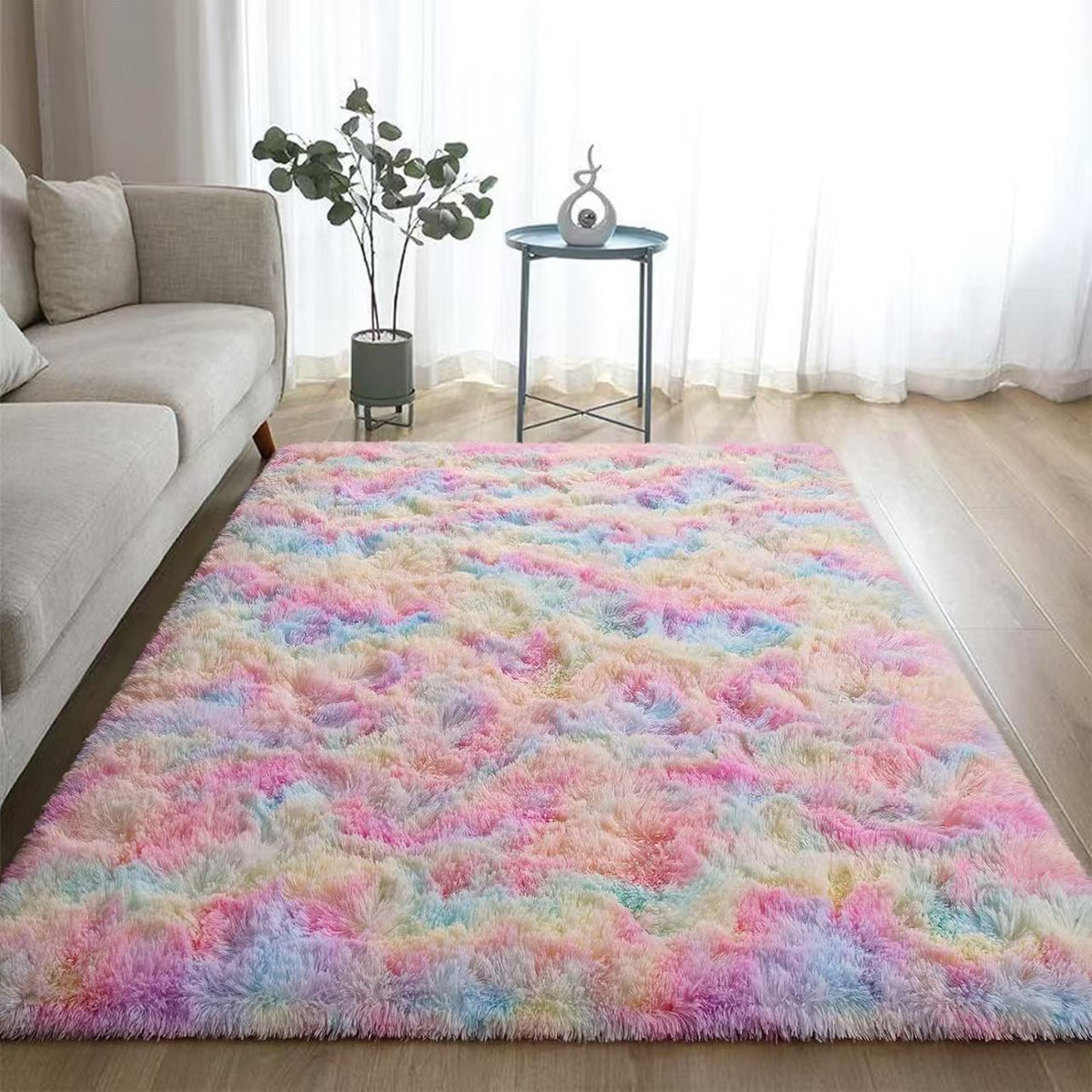 Tie-Dyed Silk Fluffy Long Velvet Non-Slip Bedroom Carpet Rug in rainbow color, 200*300cm