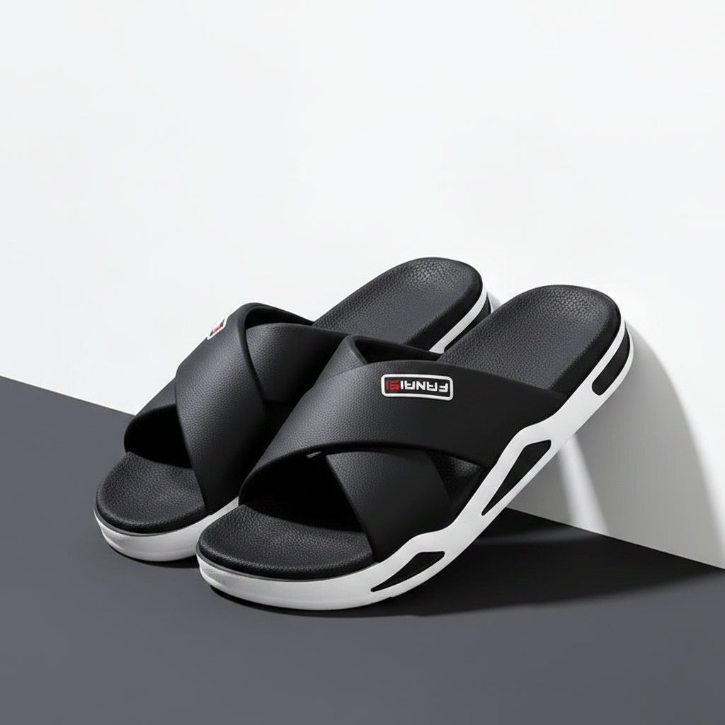 Men's black and white EVA Cross-Strap Beach Sandals with Anti-Slip Comfort