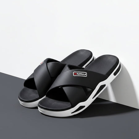 Men's black and white EVA Cross-Strap Beach Sandals with Anti-Slip Comfort