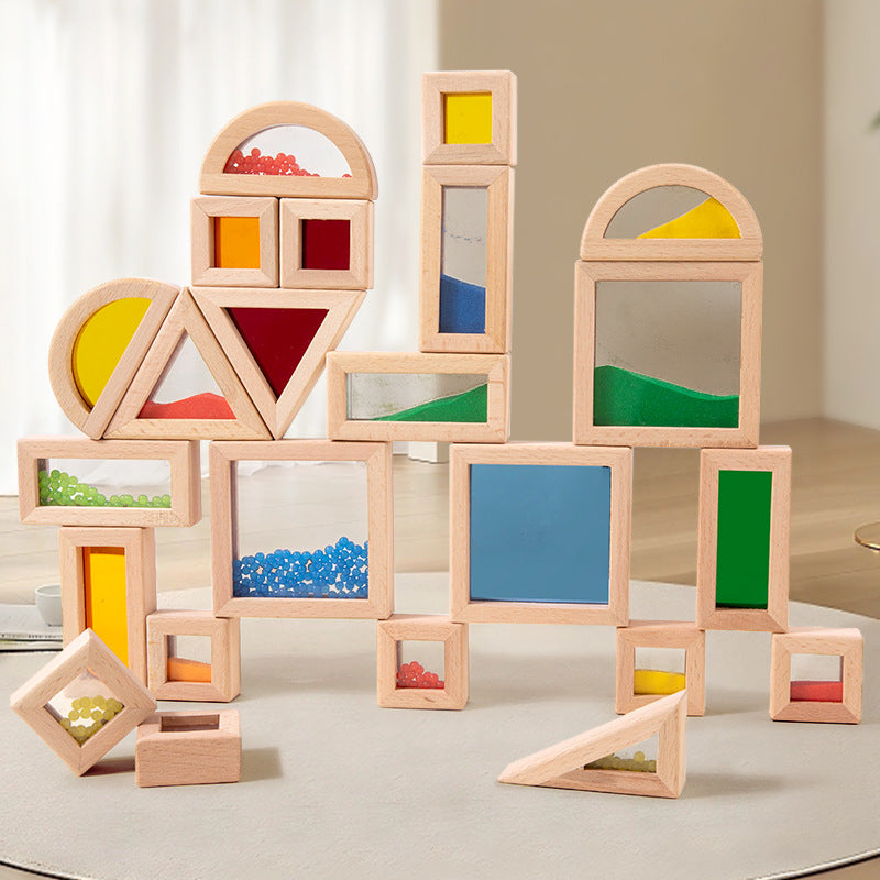 Montessori Rainbow Acrylic Wooden Shape Building Blocks Set