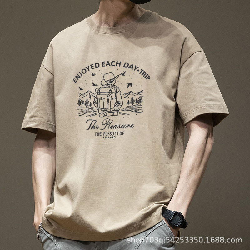 Men's khaki Heavyweight Cotton Graphic T-Shirt with Relaxed Fit