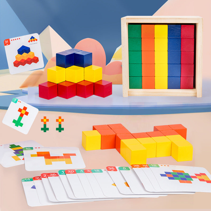 Wooden Cube Puzzle Blocks Spatial Math Teaching Toy Set