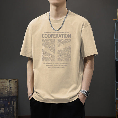 Men's khaki Heavyweight Cotton Letter Print T-Shirt with Relaxed Fit