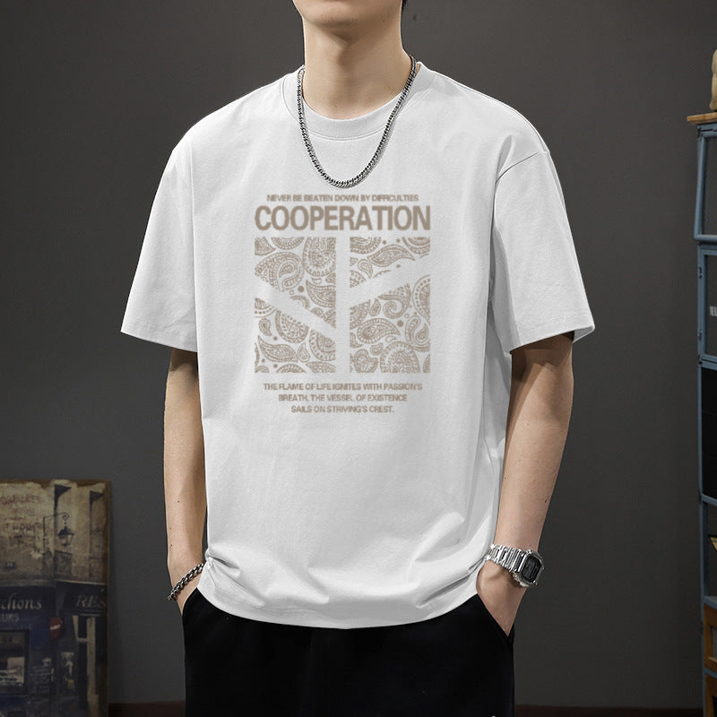 Men's Heavyweight Cotton Letter Print T-Shirt with Relaxed Fit