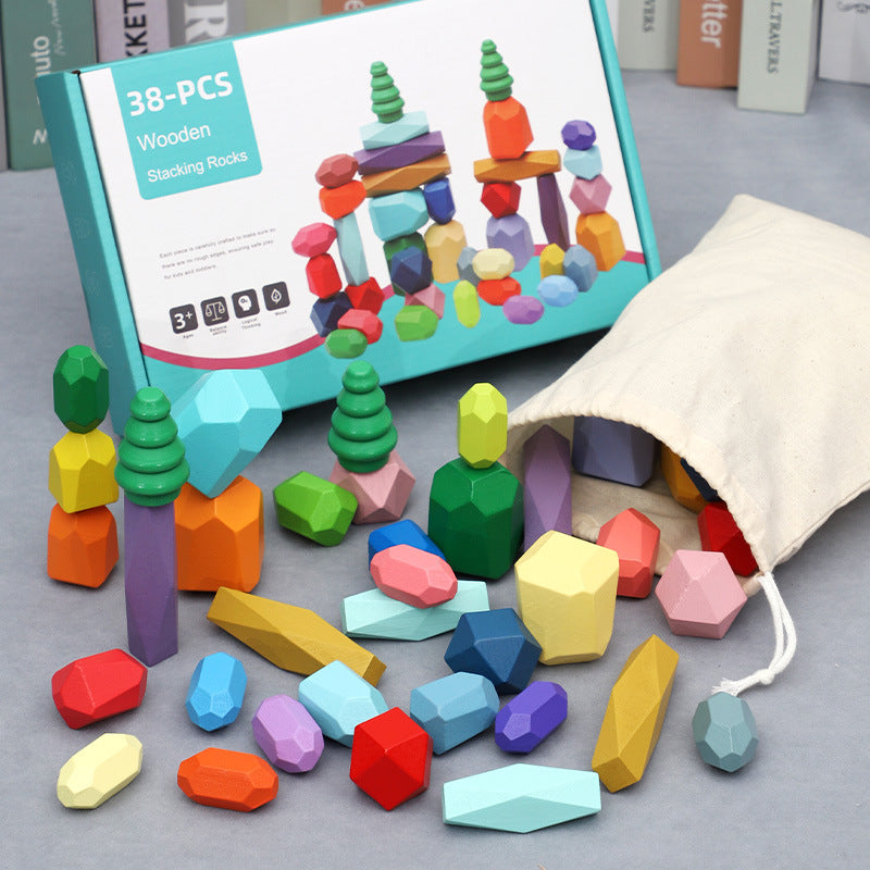 Nordic Style Wooden Color Stone Stacking Blocks Educational Toy