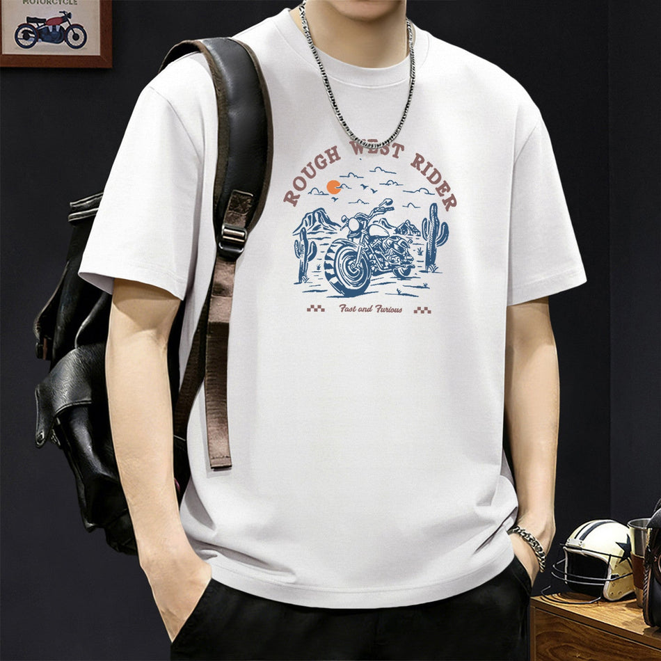 Men's white Heavyweight Cotton Graphic T-Shirt, Loose Fit Crew Neck