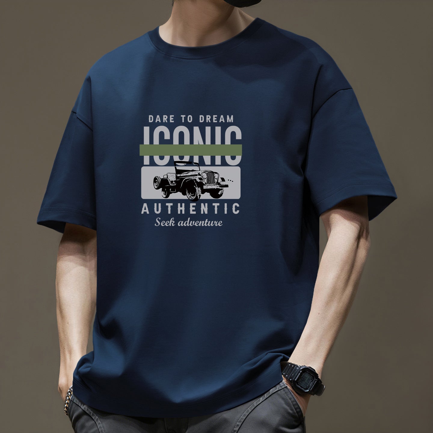 Men's navy blue Heavyweight Cotton Graphic T-Shirt, Loose Fit Casual Tee