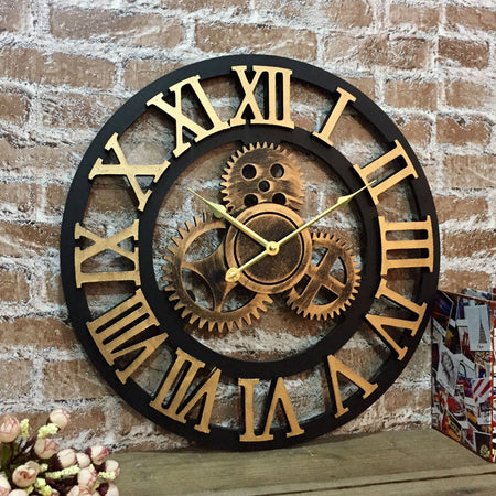 Retro Industrial Gear Wooden Silent Wall Clock Large Living Room Decor in golden