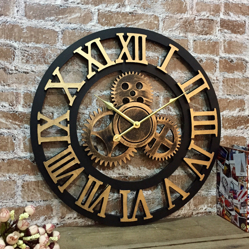 Retro Industrial Gear Wooden Silent Wall Clock Large Living Room Decor in golden