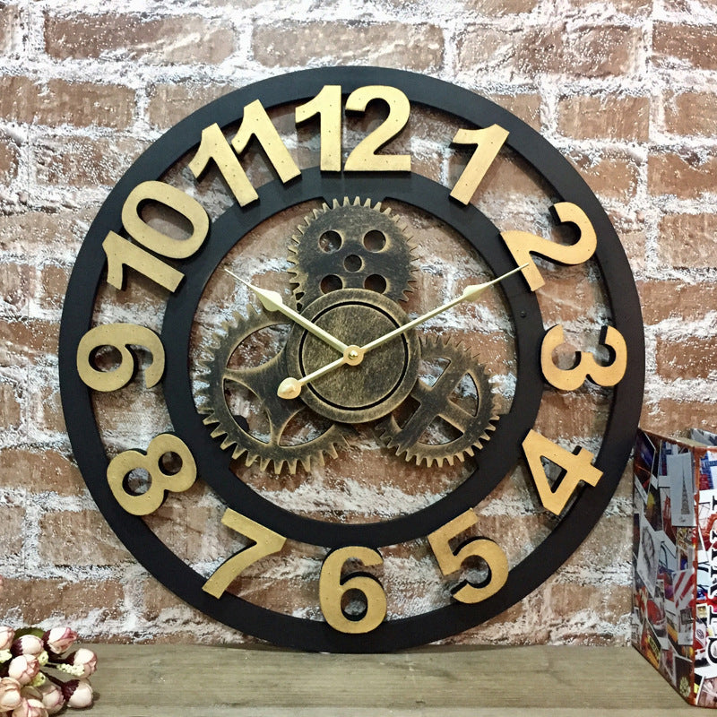 Retro Industrial Gear Wooden Silent Wall Clock Living Room