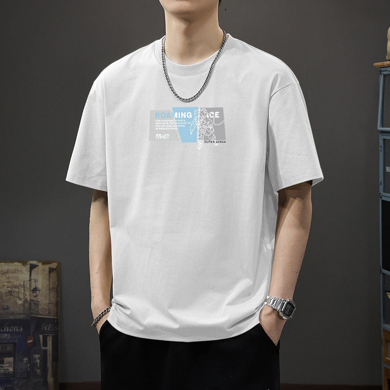 Men's white Heavyweight Cotton Graphic T-Shirt Loose Fit Casual Tee