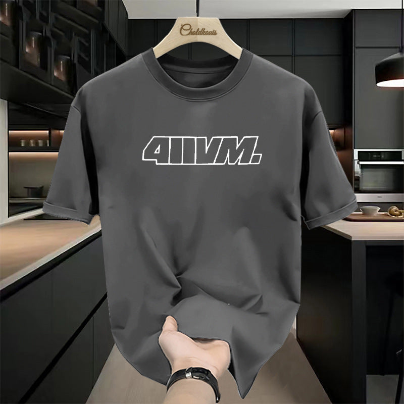 Dark gray Pure Cotton Letter Print T-Shirt for Men – Loose Fit Crew Neck