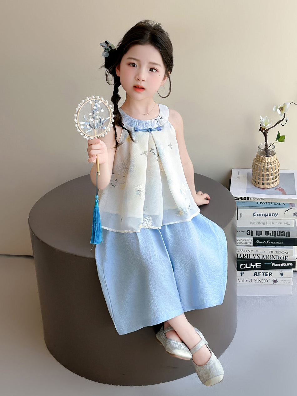 Girls Chinese Style Halter Top and Wide Leg Pants Set