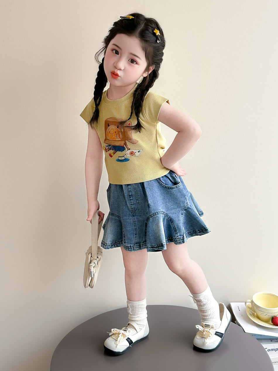 Girls Korean Style Denim Skirt Two Piece Summer Outfit Set