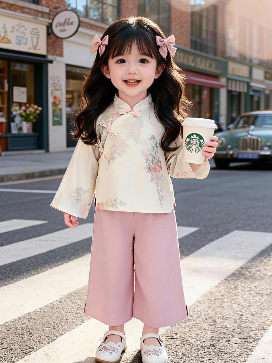 Girls Floral Cheongsam Style Two Piece Spring Outfit Set