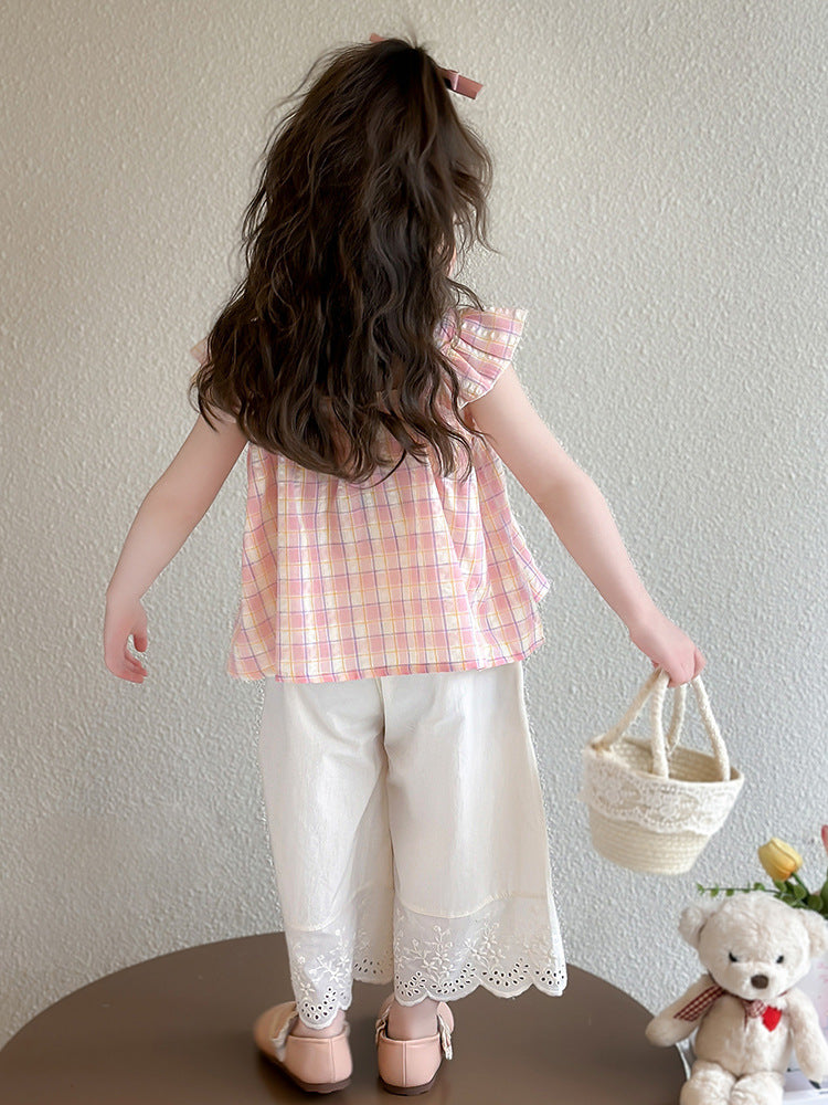 Girls Plaid Doll Collar Two Piece Summer Skirt Outfit Set