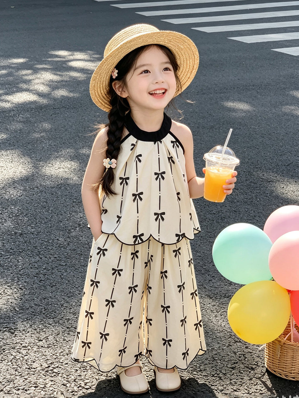 Girls Bowknot Suspender Top and Wide Leg Pants Set