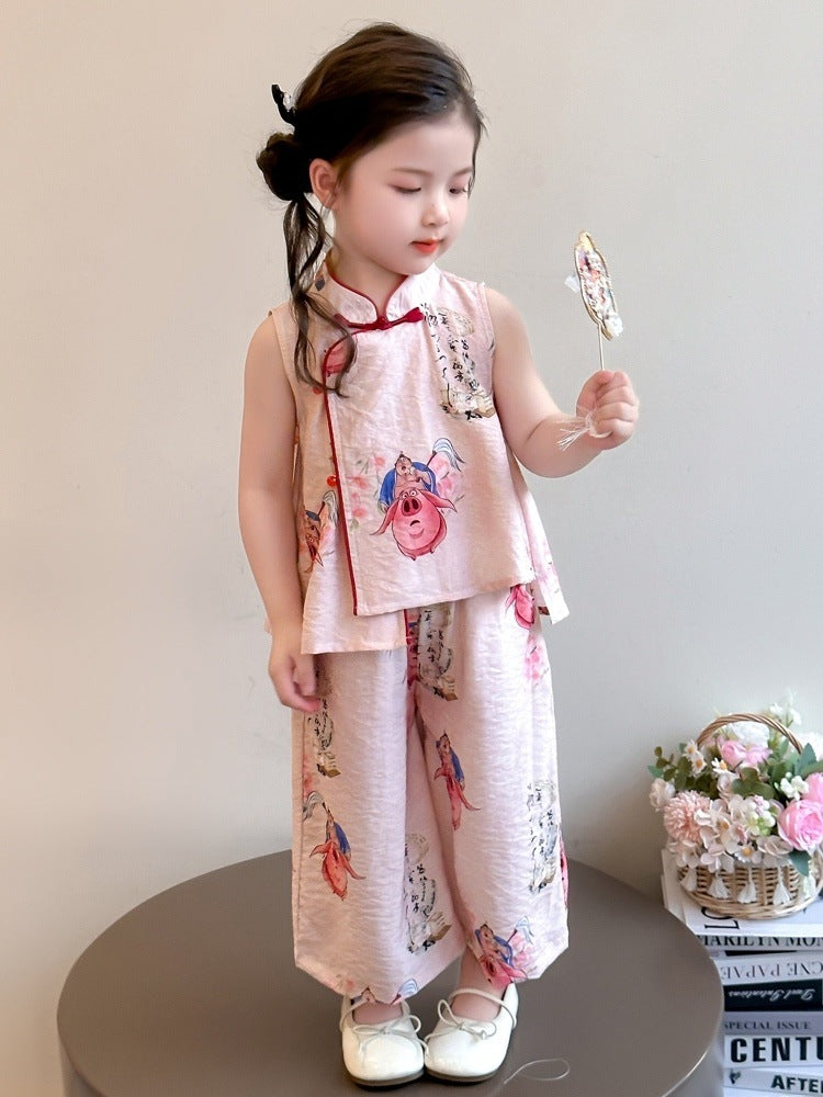 Girls Chinese Style Cartoon Top and Wide Leg Pants Set