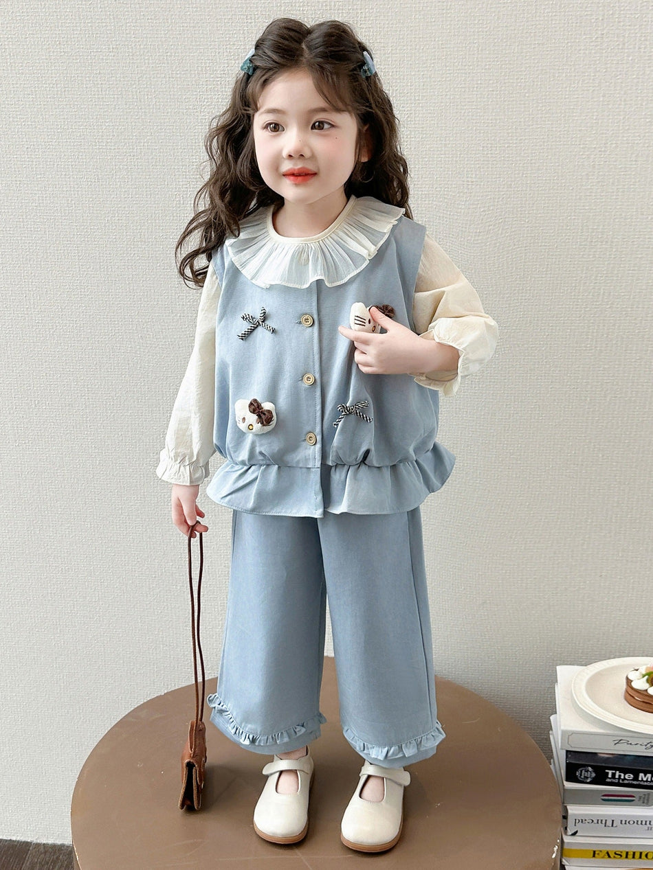 Girls Cartoon Denim Three Piece Spring Outfit Set