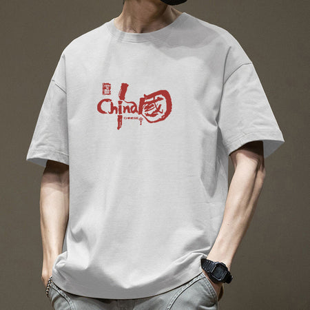 White Pure Cotton Letter Print T-Shirt for Men – Loose Fit Crew Neck