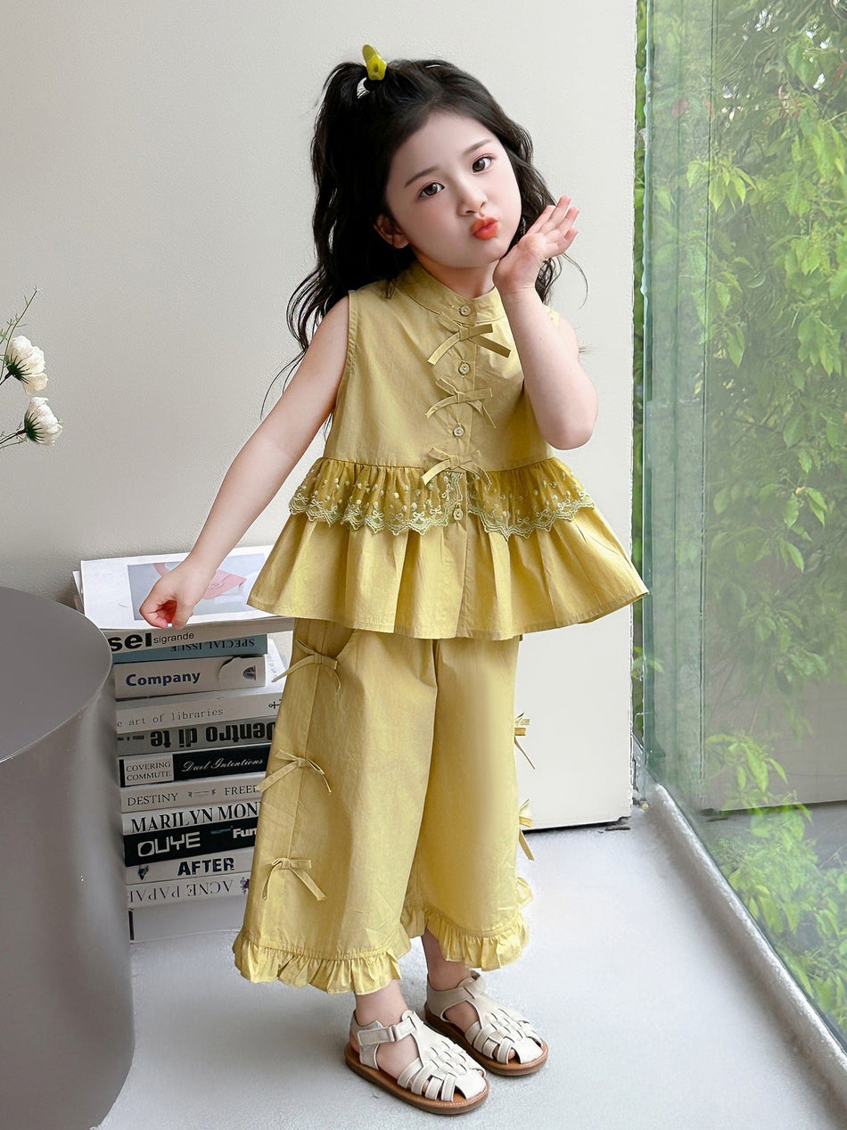 Girls Solid Color Bow Top and Wide Leg Pants Set