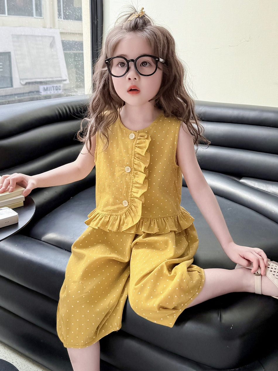 Girls' Polka Dot Cotton Two-Piece Capri Pants Summer Set