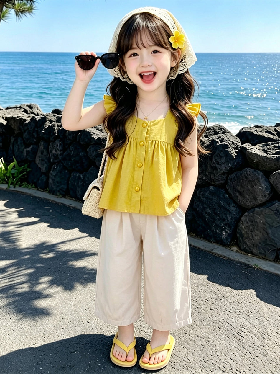 Girls' Flutter Sleeve Suspender Dress Two-Piece Summer Set