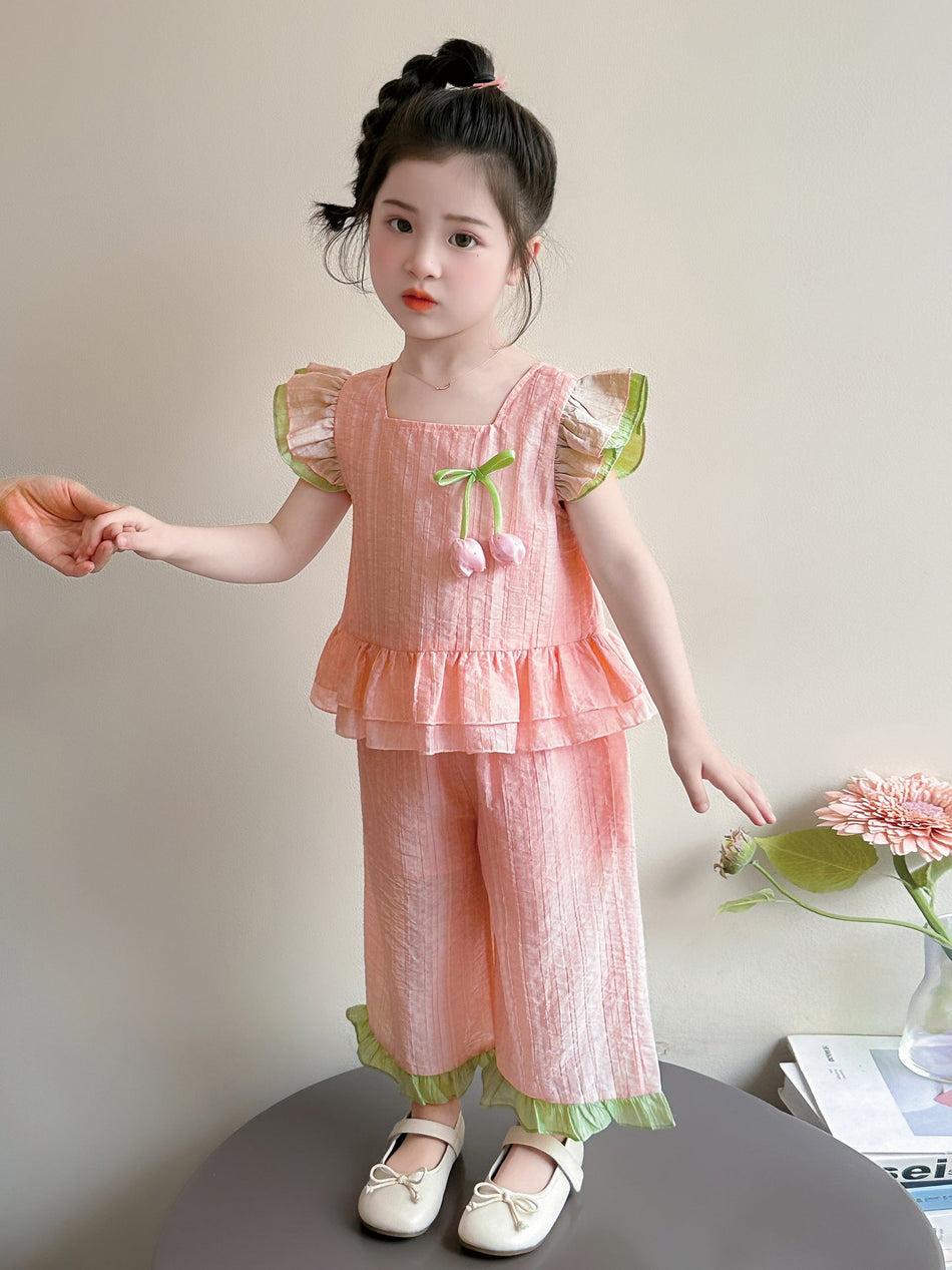 Girls' Floral Puff Sleeve Top and Wide-Leg Pants Set