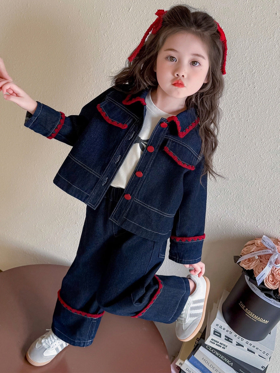 Girls' Bow Denim Three-Piece Outfit Set for Spring and Autumn