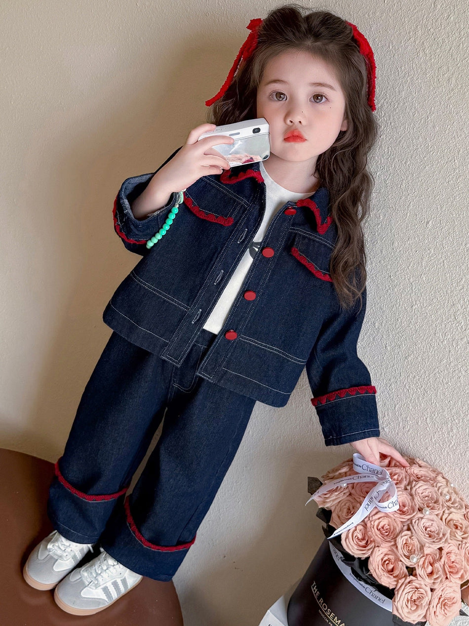 Girls' Bow Denim Three-Piece Outfit Set for Spring and Autumn