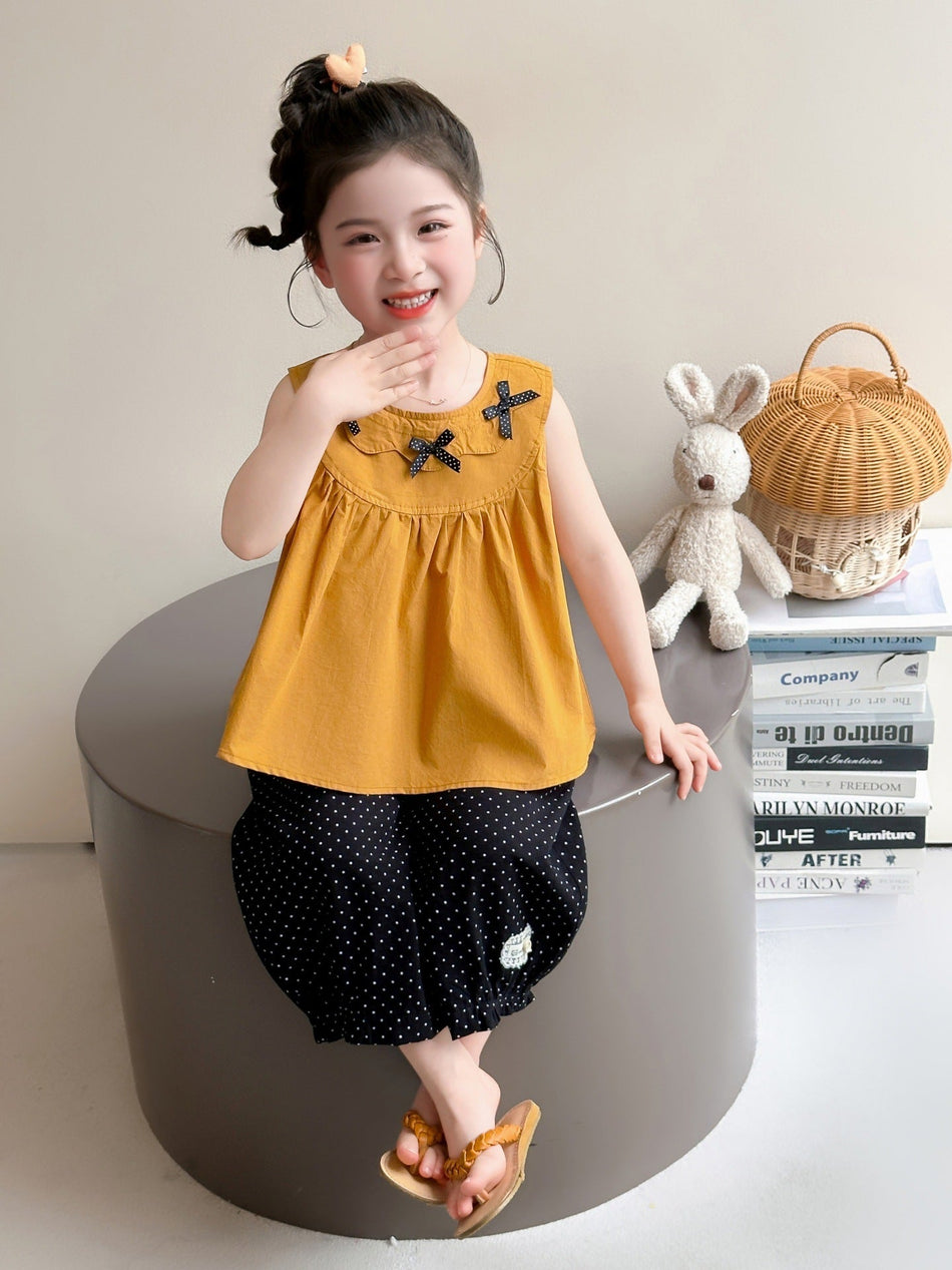 Girls' Bow Collar Cotton Two-Piece Cropped Pants Set