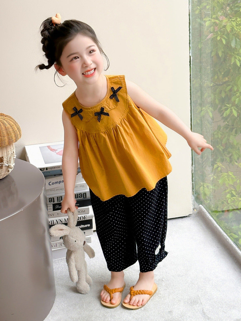 Girls' Bow Collar Cotton Two-Piece Cropped Pants Set