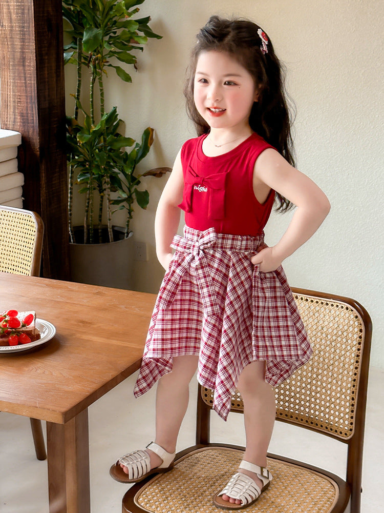 Girls' Plaid Skirt Cotton Two-Piece Sleeveless Summer Set