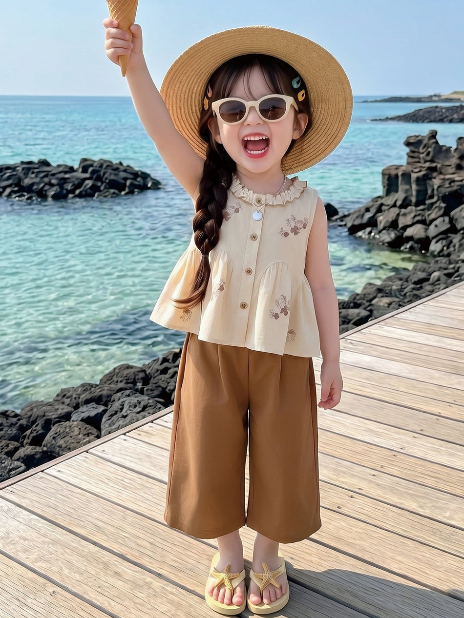 Girls' Embroidered Cotton Top and Wide-Leg Pants Set